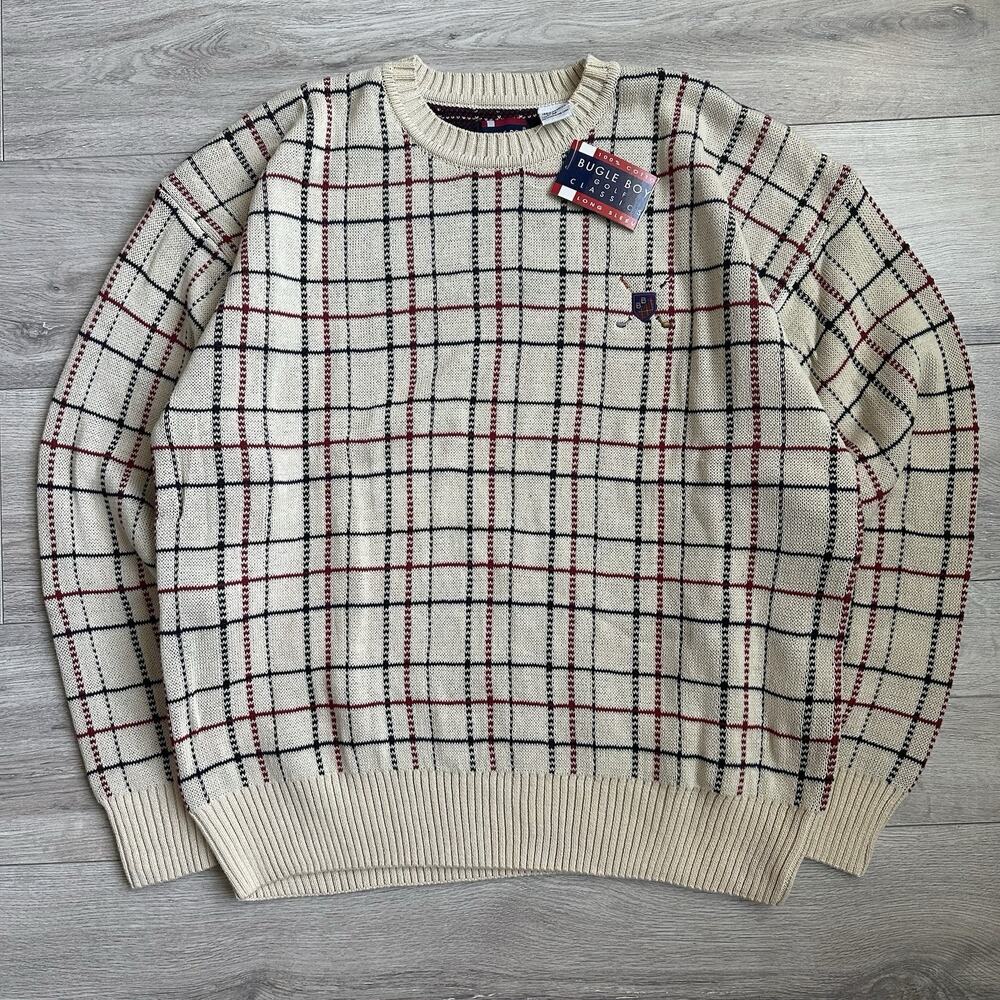 VINTAGE NWT Bugle Boy 90s Plaid Golf Sweater 100% Cotton Men M Fits (L-XL)